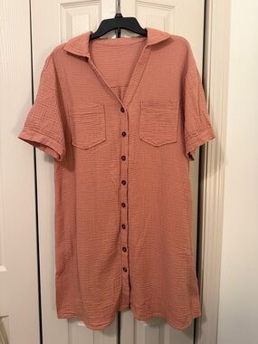 Emery Rose Woven Cotton Button Down Shirt-Dress. Dusty Rose